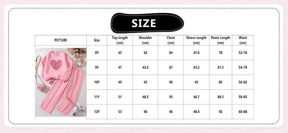 Kids Girls Long Sleeve Hoodie Two Piece Clothing Set for Children Teens Causal Wear Heart Sweatershirt Autumn Winter Clothes