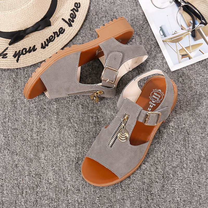 Women's Summer New Korean Edition Student Coarse Heel Thick Bottom Sandals with Open Toe Zipper Flat Sandals for Women