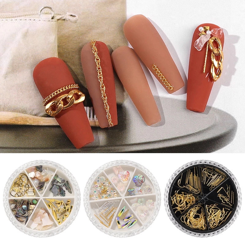 1 box mixed 6 grid turntable AB Rhinestone Nail Art Accessories Rivet Butterfly Pearl Crystal Jewelry Sequin Nail DIY