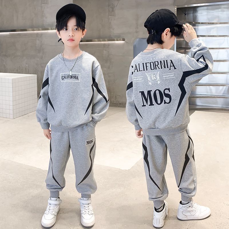 Boys Spring and Autumn Splicing Contrast Color Cotton Long Sleeve T-Shirt Sweater + Elastic Loose Comfortable Pants Casual Sport