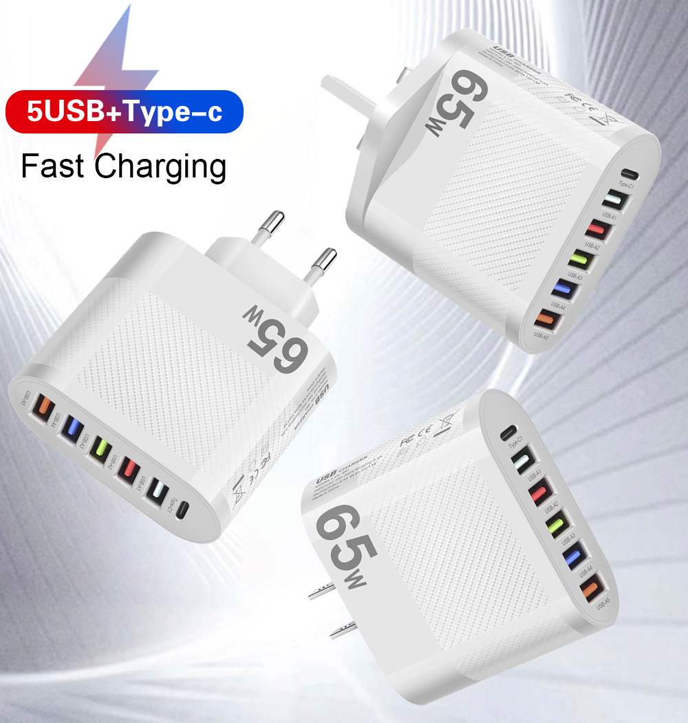 65W 5Ports USB Charger PD Charging Adapter For Xiaomi iPhone 13 Samsung Mobile Phone Plug Charging QC 3.0 Wall Charger