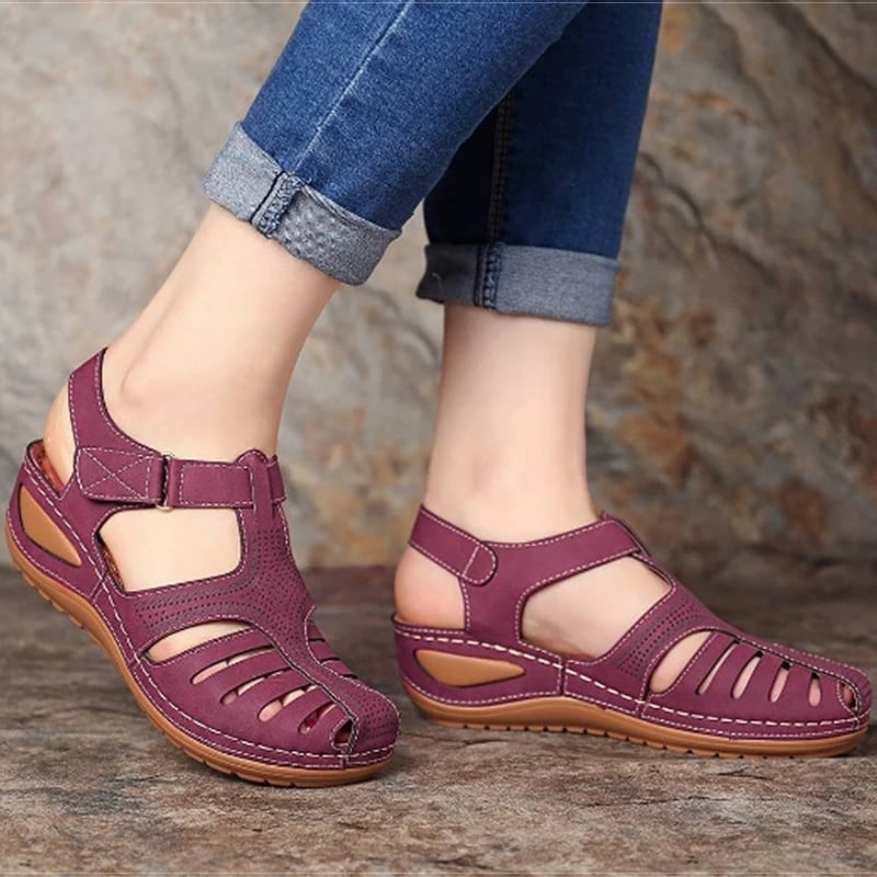 Women's Wedge Heeled Sandals Breathable Closed Toe Ankle Strap Shoes Solid Color Hook & Loop Shoes