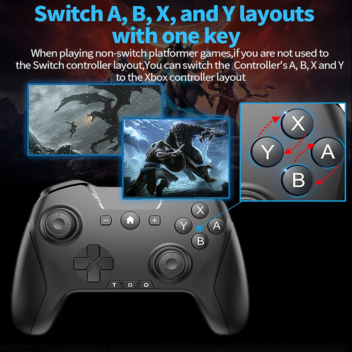 Bluetooth Controller for Switch/Mac/PC/Steam/Mobile Phone/iOS/Android//TV/iPad/Table/Apple Arcade MFi Games, switch pro controller wireless with Adjus
