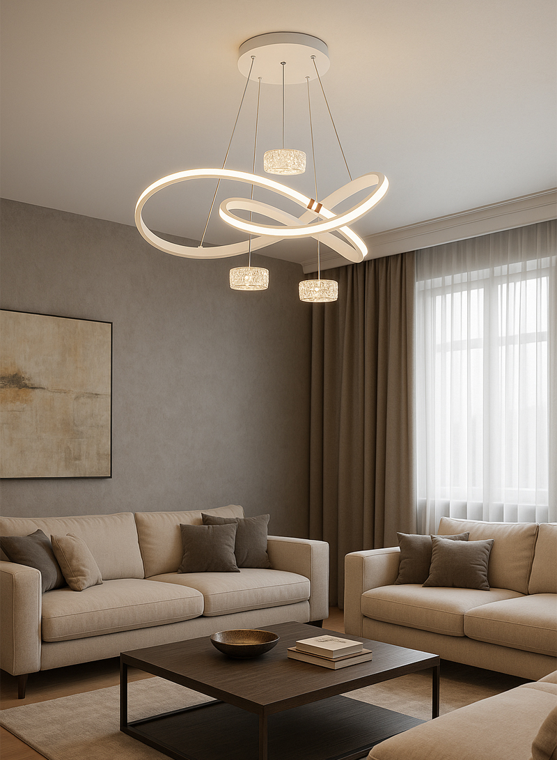 Modern Infinity LED Chandelier with Crystal Pendant Design, Adjustable Ceiling Light for Living Room, Dining Room & Bedroom - Energy-Efficient Aluminu