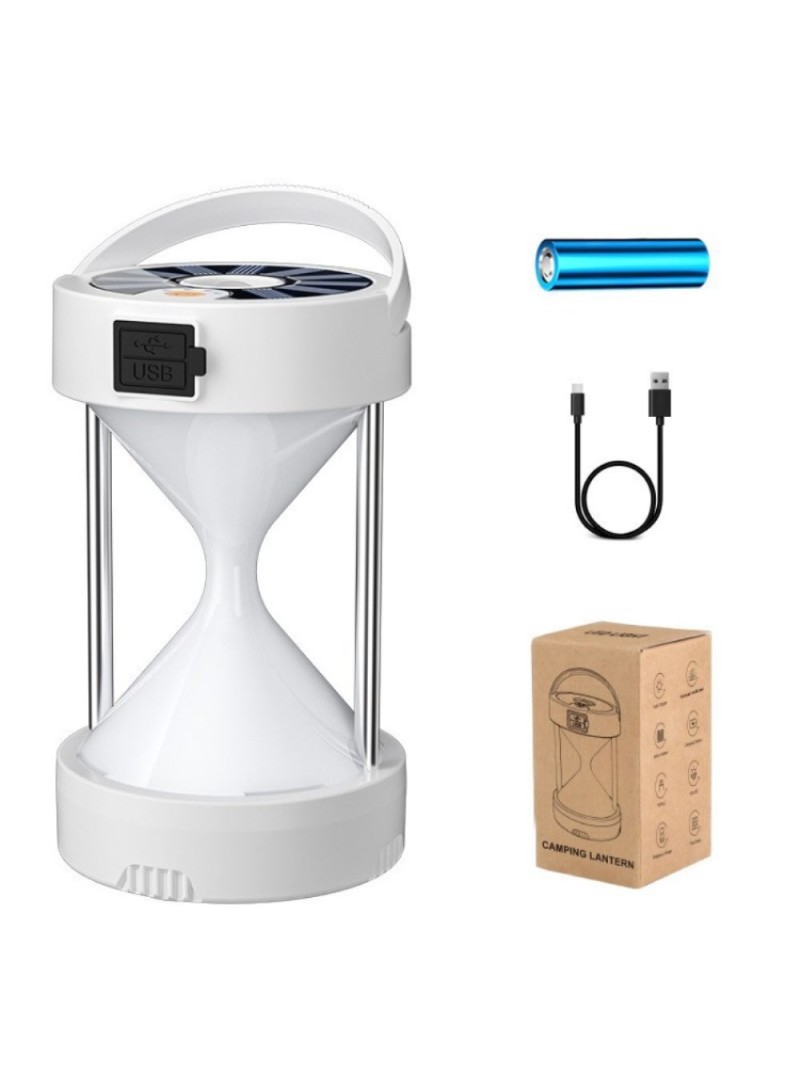 Outdoor Tent Light Solar Hourglass Camping LED Lantern Type-C USB Rechargeable Camping Lamp - White / Style B 5809