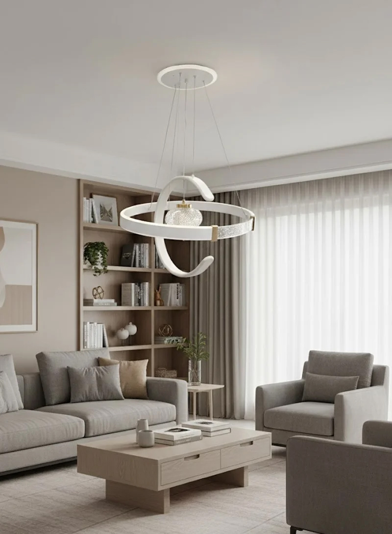 Modern Double Ring LED Chandelier, Adjustable Pendant Ceiling Light with Contemporary Circular Design - Energy-Efficient Aluminum & Acrylic Fixture fo