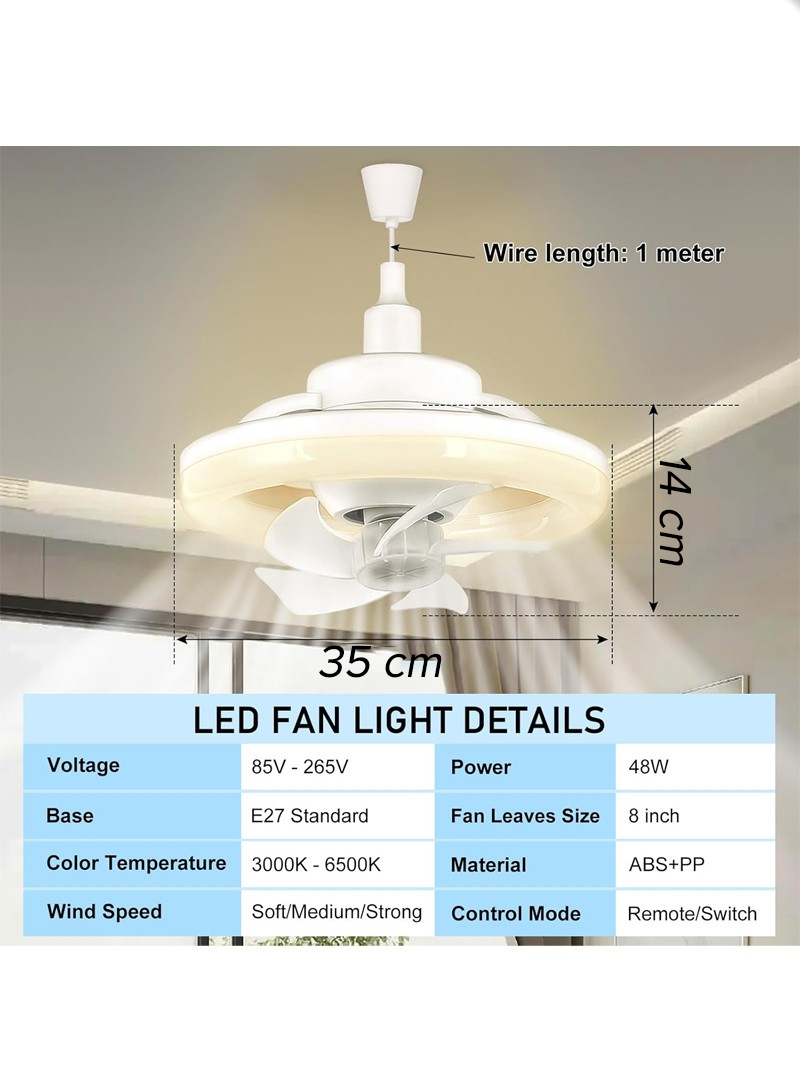 13.8" Modern Socket Ceiling Fan Light with RGB LED, Quiet Fan, Acrylic Lamp & Easy Screw-In Installation for Garage, Kitchen and Bedroom