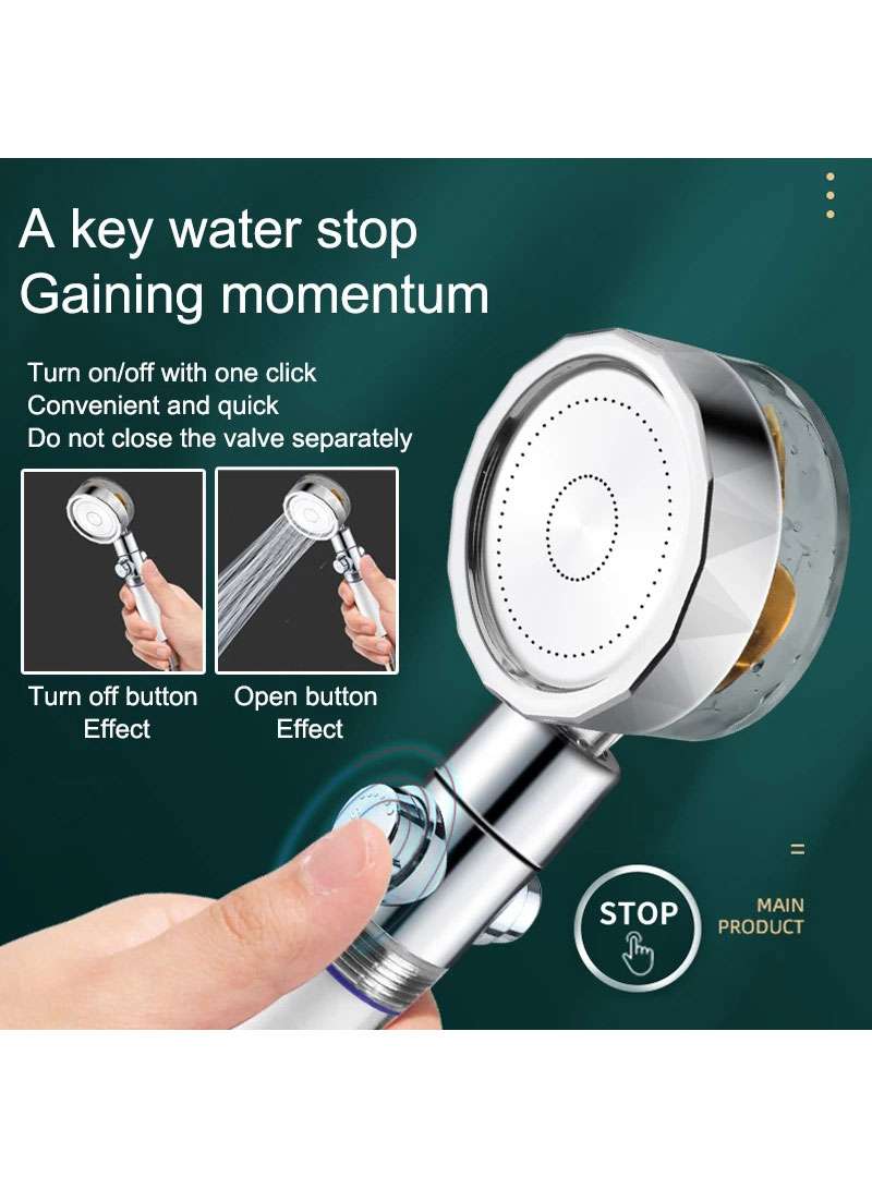 High-Pressure Propeller Shower Head 360 Degree Rotation Water Saver Bathroom Shower Nozzle - Silver