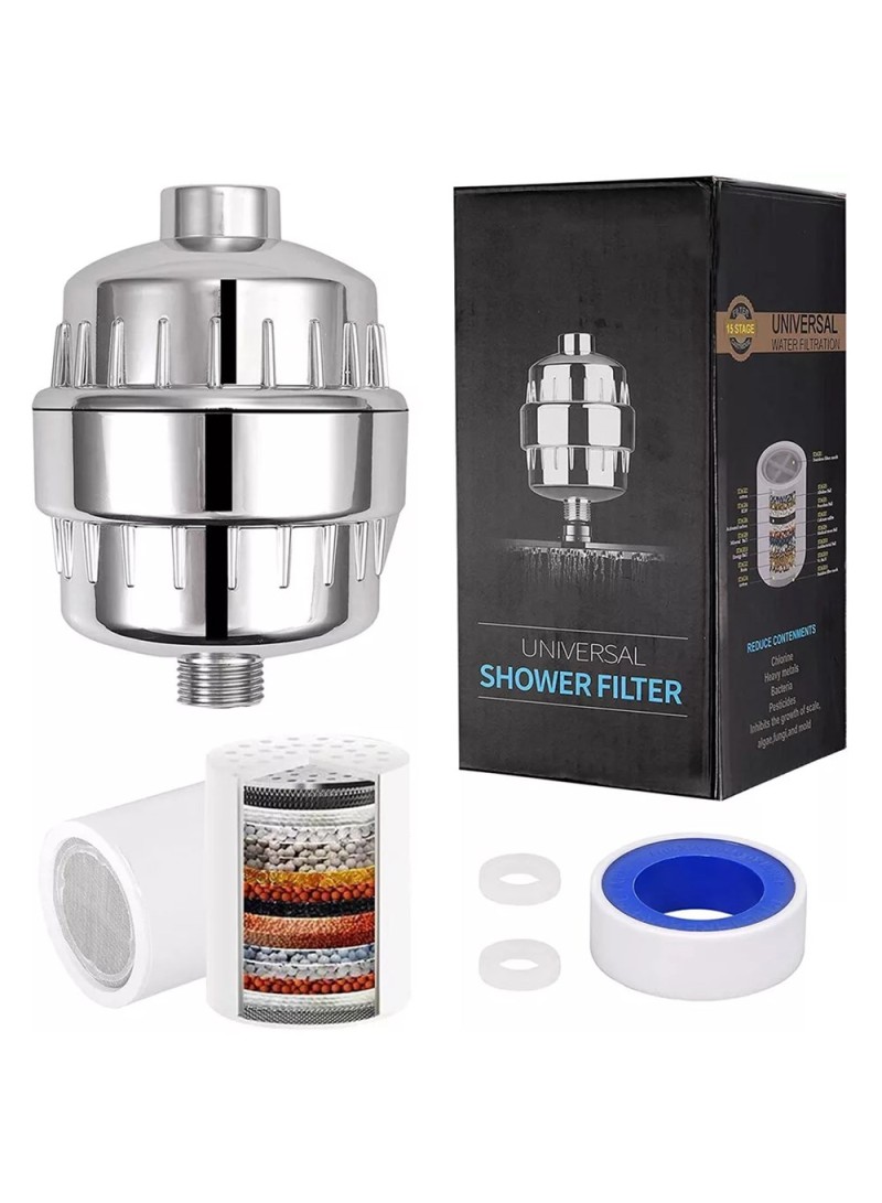 16 Stages Bathroom Water Filter Remove Chlorine Heavy Metals Filtered Shower Head, with 2 Filters