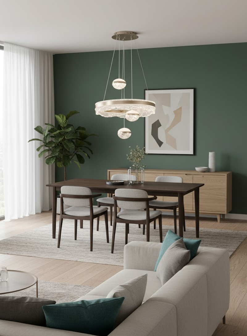 Modern LED Chandelier with 3 Spherical Lights and Circular Ring Design, Adjustable Pendant Ceiling Lamp for Living Room, Dining Room & Bedroom - Energ