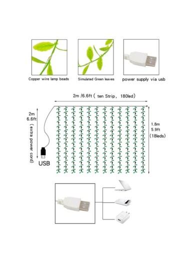 (W78.7 x H70.9)inch Decorative String Light Leaves Fairy Curtain Light Wedding Party Home Decor - USB - Cable Powered