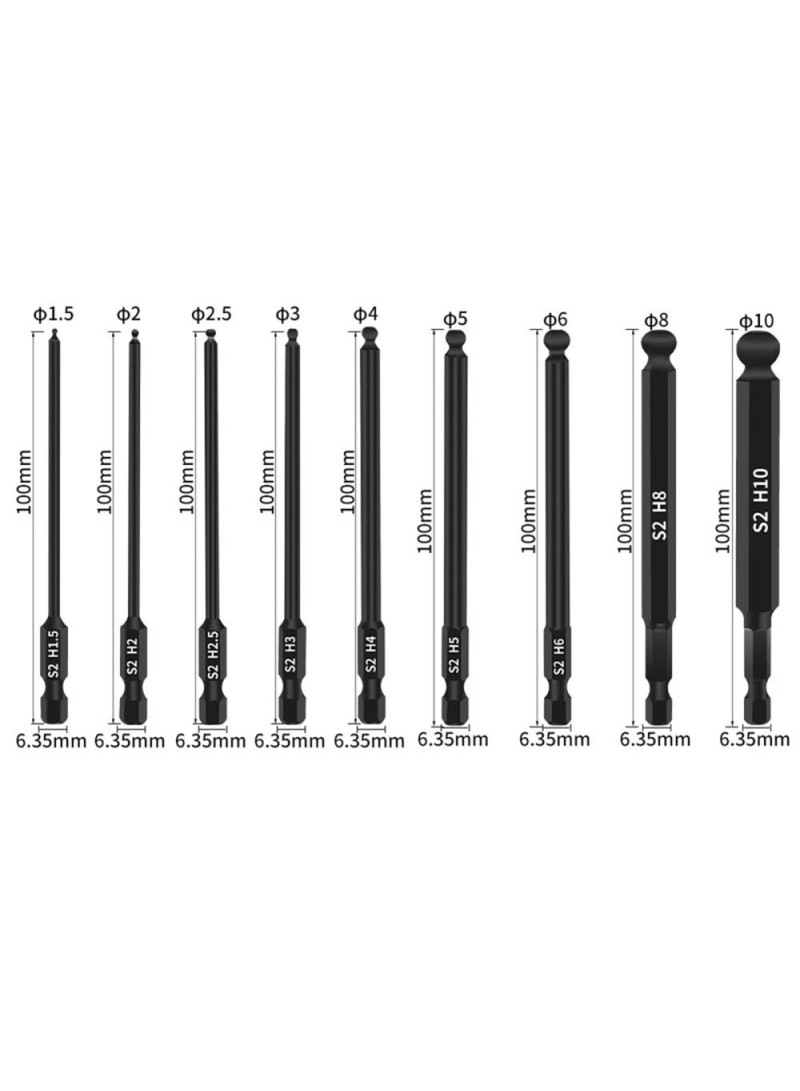 10Pcs / Set H1.5 / 2 / 2.5 / 3 / 4 / 5 / 6 / 8 / 10 Ball Head Hex Shank Magnetic Bits with Screwdriver Handle