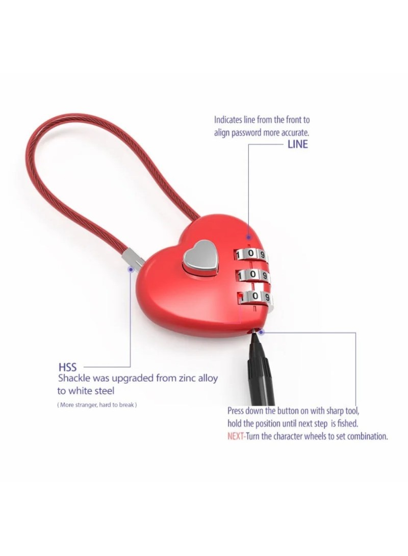 13.5cm Heart-Shaped Zinc Alloy Cable Combination Lock for Backpacks, Suitcases & Luggage 06U - Gold