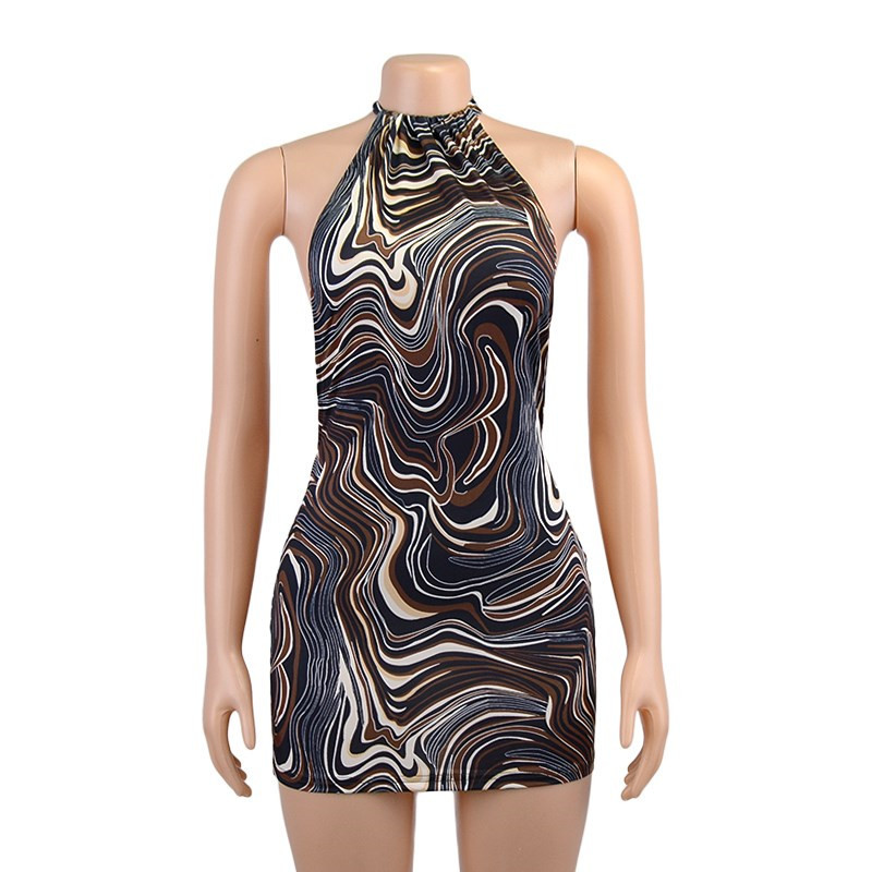 Women's Abstract Marble Print Halter Mini Dress, Backless Bodycon Short Party Dress