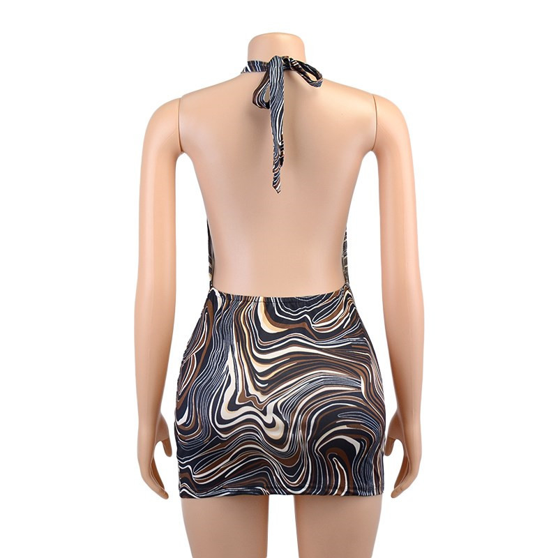 Women's Abstract Marble Print Halter Mini Dress, Backless Bodycon Short Party Dress