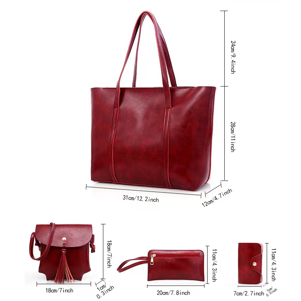 Tote Bag Women Fashion Synthetic Leather Handbags Commuting Shoulder Bags Red Color Top Handle Satchel Purse Set 4pcs