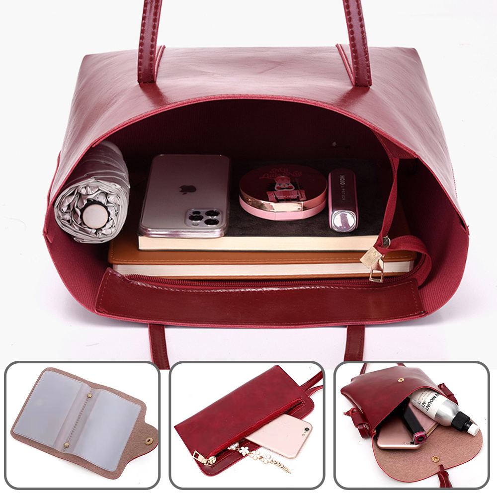 Tote Bag Women Fashion Synthetic Leather Handbags Commuting Shoulder Bags Red Color Top Handle Satchel Purse Set 4pcs