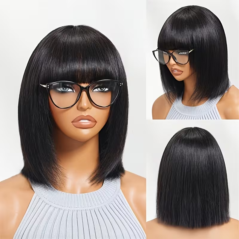 Neddie Wig Straight Human Hair Wigs With Bangs 3x1 Middle Part Lace Wig Brazilian Curly Short Bob Wig 210% Density For Women