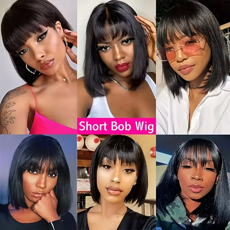 Neddie Wig Straight Human Hair Wigs With Bangs 3x1 Middle Part Lace Wig Brazilian Curly Short Bob Wig 210% Density For Women