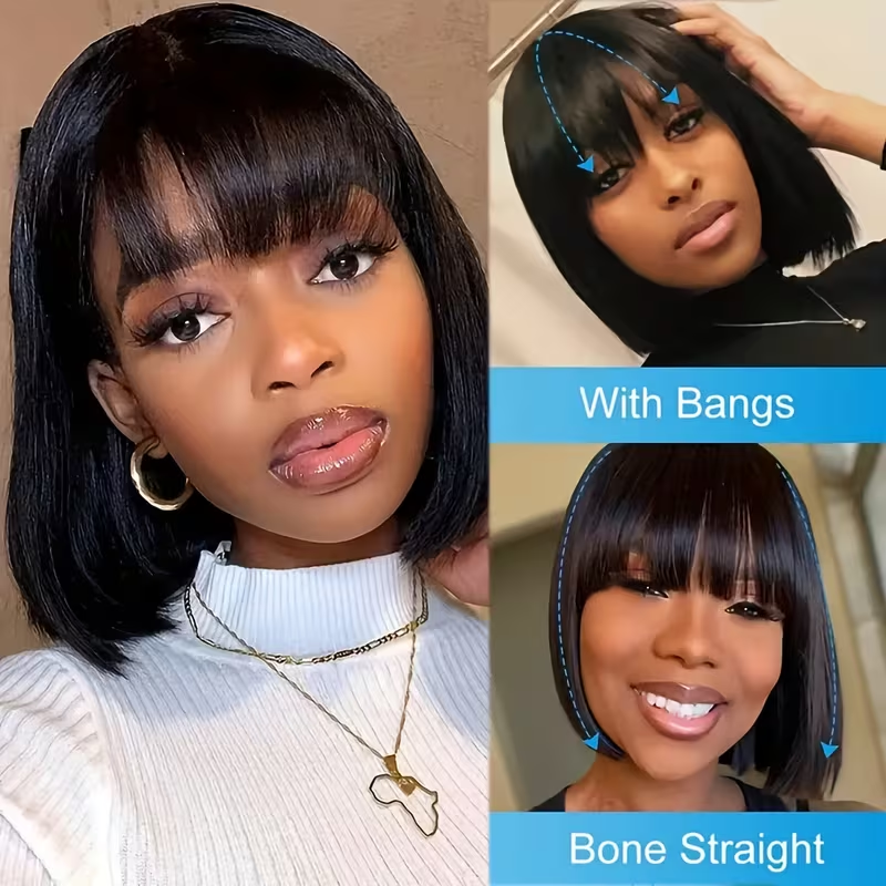 Neddie Wig Straight Human Hair Wigs With Bangs 3x1 Middle Part Lace Wig Brazilian Curly Short Bob Wig 210% Density For Women