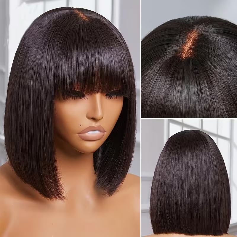 Neddie Wig Straight Human Hair Wigs With Bangs 3x1 Middle Part Lace Wig Brazilian Curly Short Bob Wig 210% Density For Women