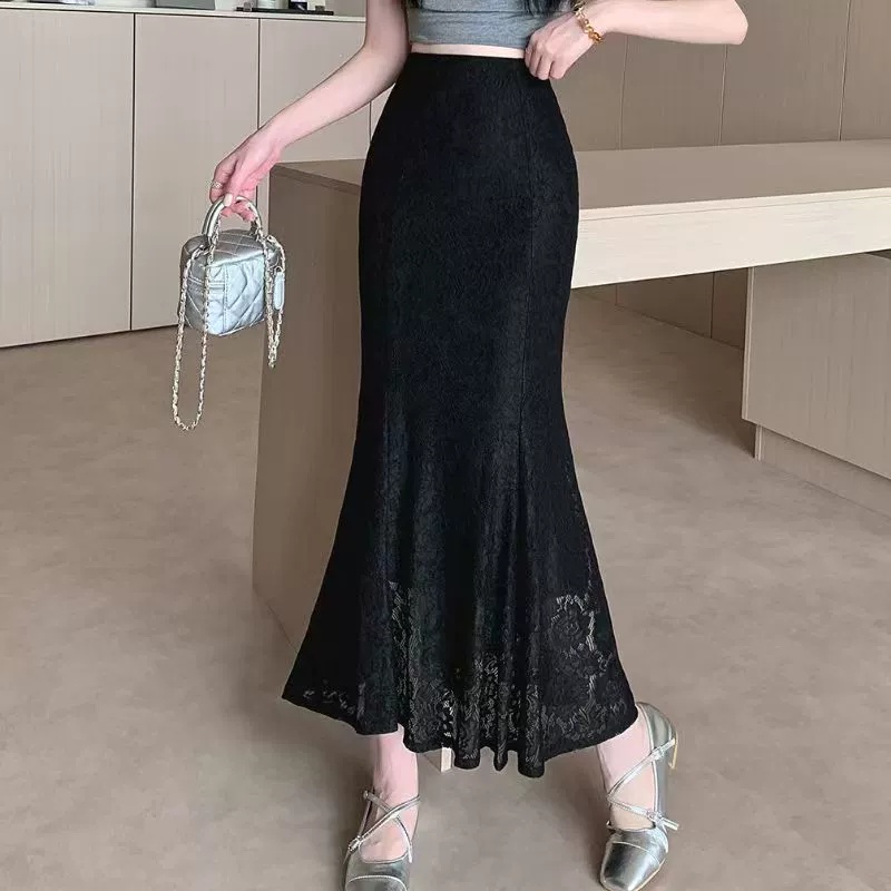 Lace hollowed out fishtail skirt summer new half skirt high waist elastic waist bag, hip A-line skirt long skirt