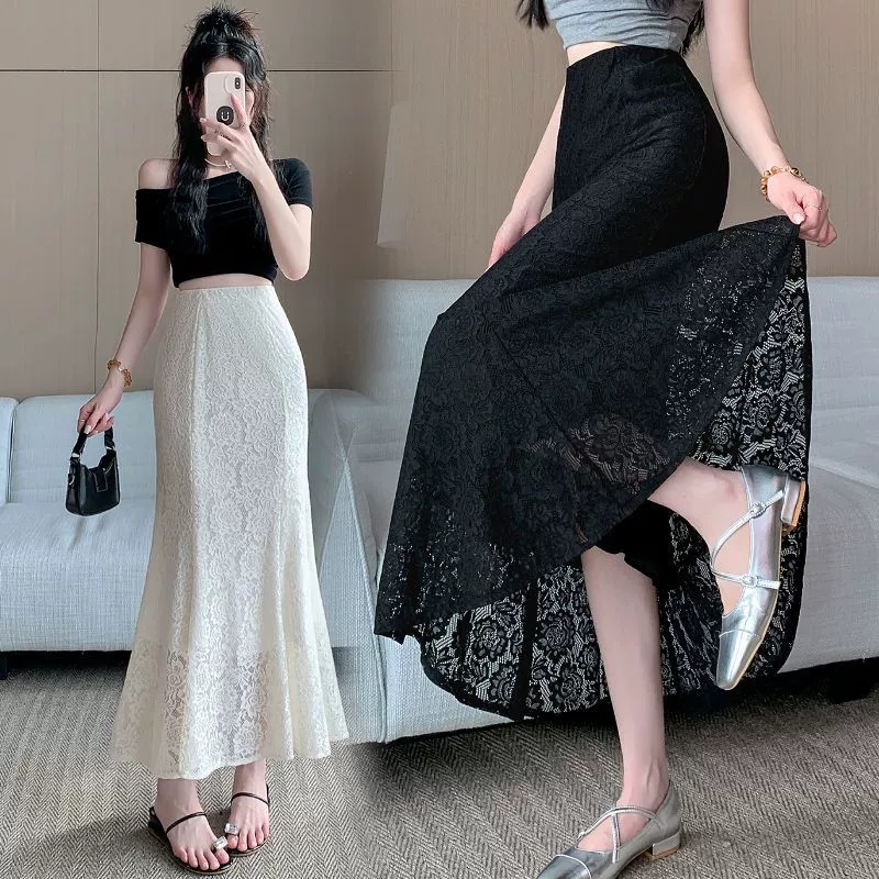 Lace hollowed out fishtail skirt summer new half skirt high waist elastic waist bag, hip A-line skirt long skirt