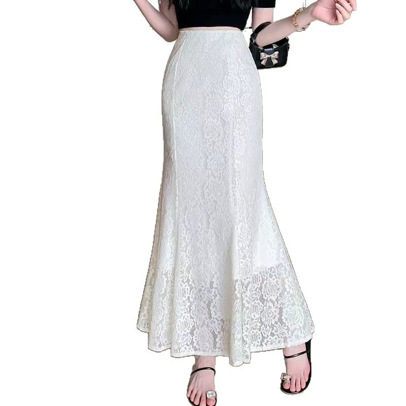 Lace hollowed out fishtail skirt summer new half skirt high waist elastic waist bag, hip A-line skirt long skirt