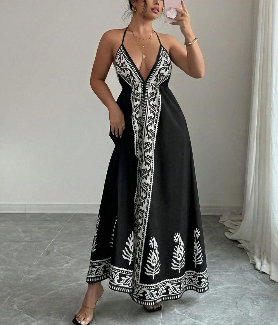 Women's Fashion Summer Long Dress Sexy Backless High Waist Loose Ladies Neck Skirts Trendy Print Sleeveless Casual Clothing