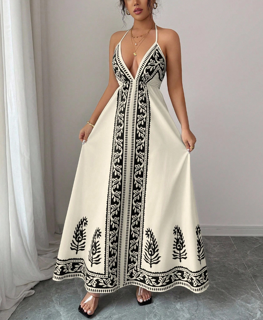 Women's Fashion Summer Long Dress Sexy Backless High Waist Loose Ladies Neck Skirts Trendy Print Sleeveless Casual Clothing
