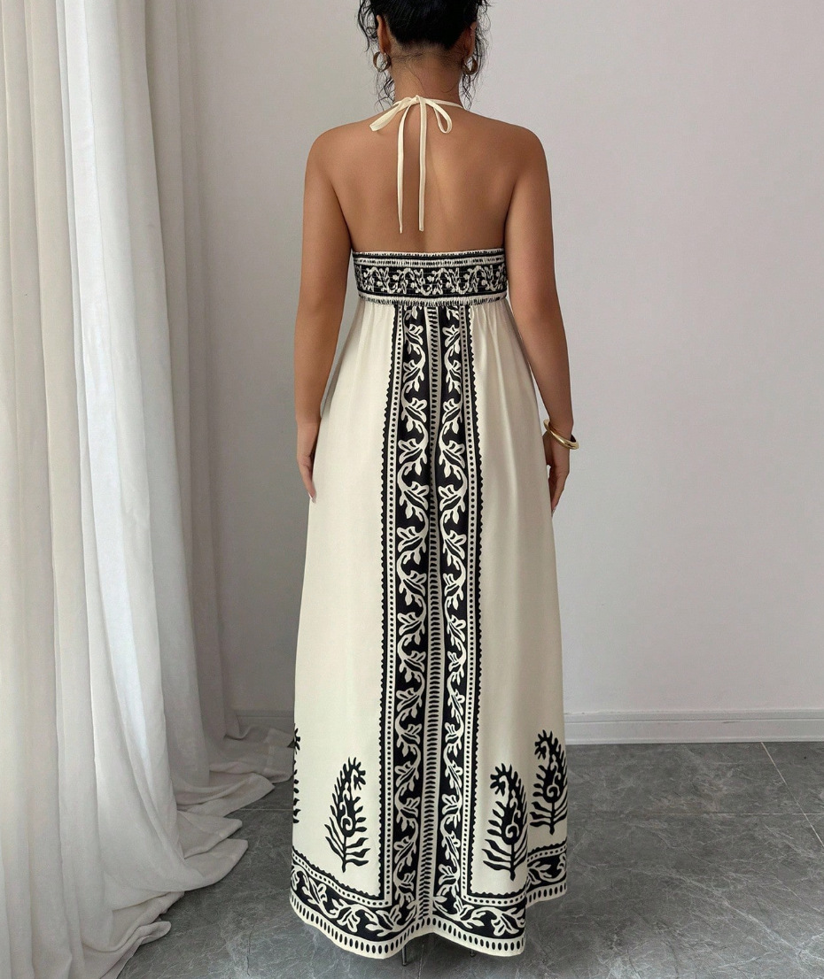 Women's Fashion Summer Long Dress Sexy Backless High Waist Loose Ladies Neck Skirts Trendy Print Sleeveless Casual Clothing