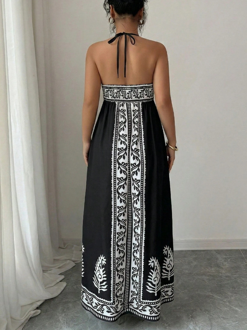 Women's Fashion Summer Long Dress Sexy Backless High Waist Loose Ladies Neck Skirts Trendy Print Sleeveless Casual Clothing