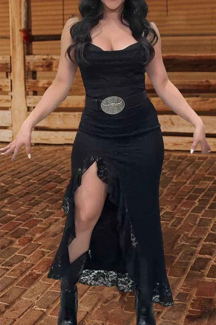 Free delivery of high-quality 2026 new summer women's clothing hot selling black suspender hem lace dress