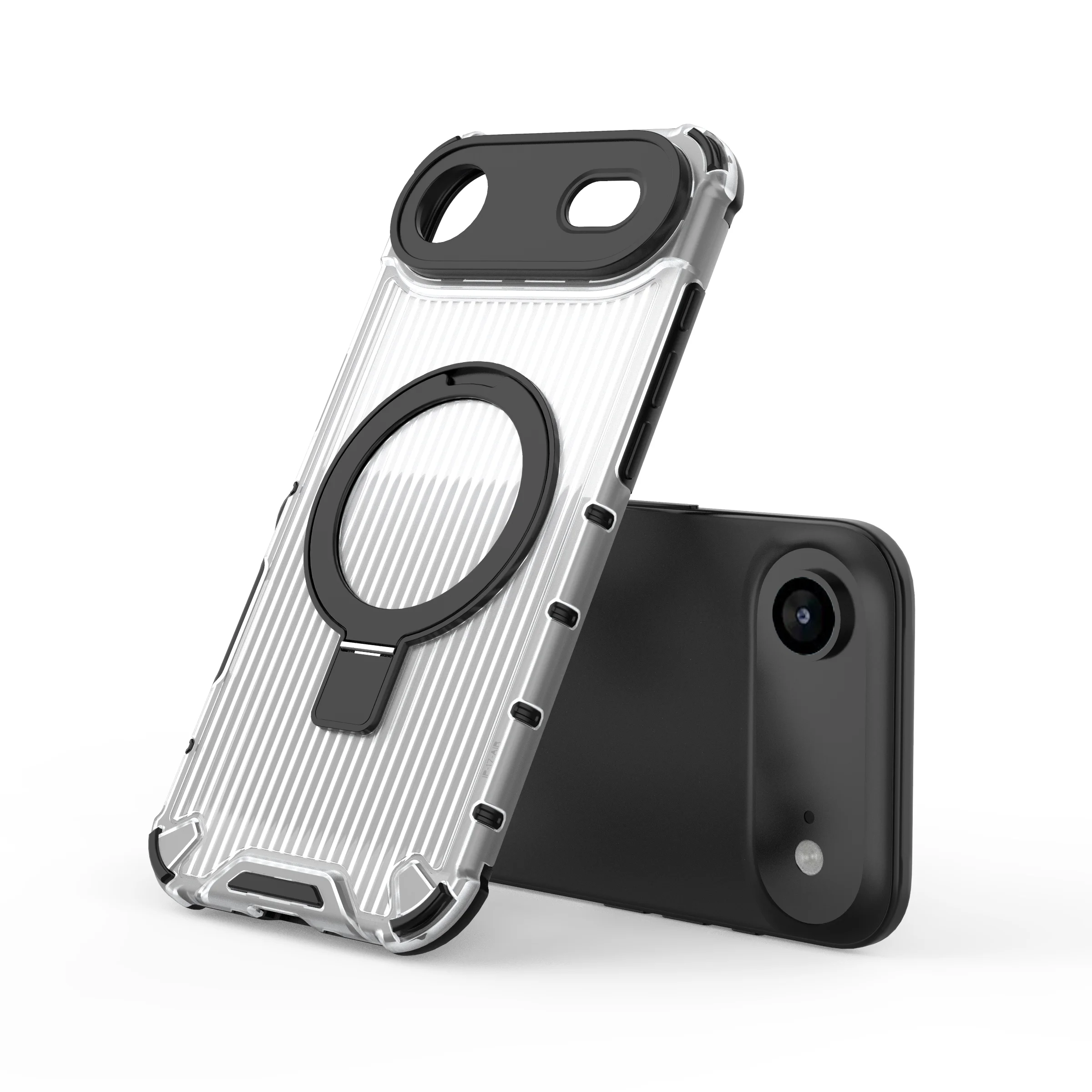 Corrugated Pattern Metal Bracket Translucent Case For iPhone 14 13 12 11 Plus Pro Max Airbag Shockproof Matte Cover