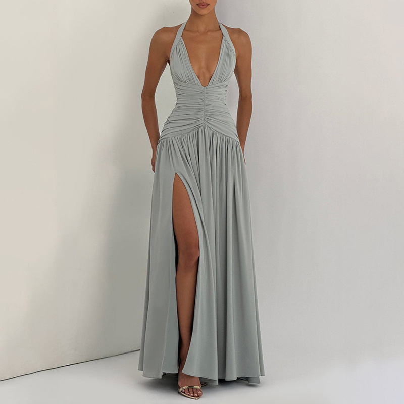 Women Sexy Deep V-neck Hanging Neck Backless Long Dress Female Elegant Split Bandage Pleated Sleeveless Solid Dress