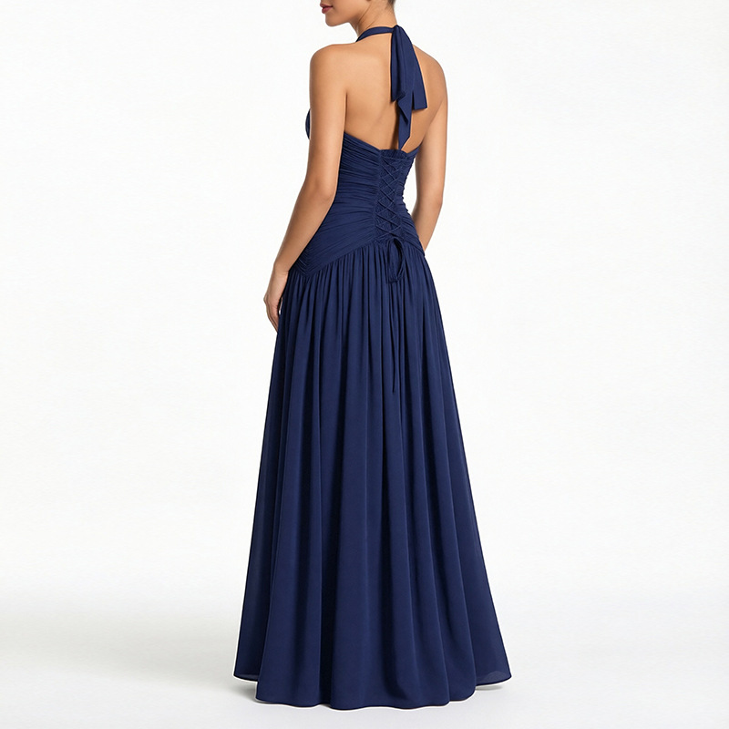 Women Sexy Deep V-neck Hanging Neck Backless Long Dress Female Elegant Split Bandage Pleated Sleeveless Solid Dress