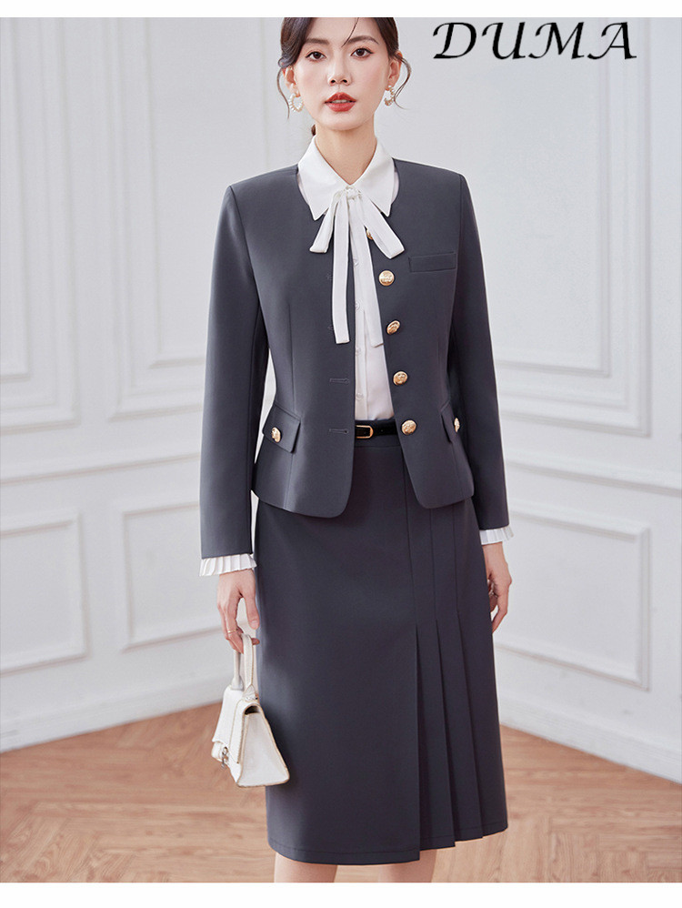 "DUMA"Women Gray Tweed Blazer Skirt Set Spring Autumn Elegant Commuter Two‑Piece Outfit