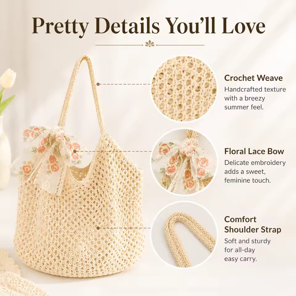 Summer Raffia Tote Bag Women Lace Bow Crochet Woven Shoulder Bag Large Straw Beach Shopping Handbag