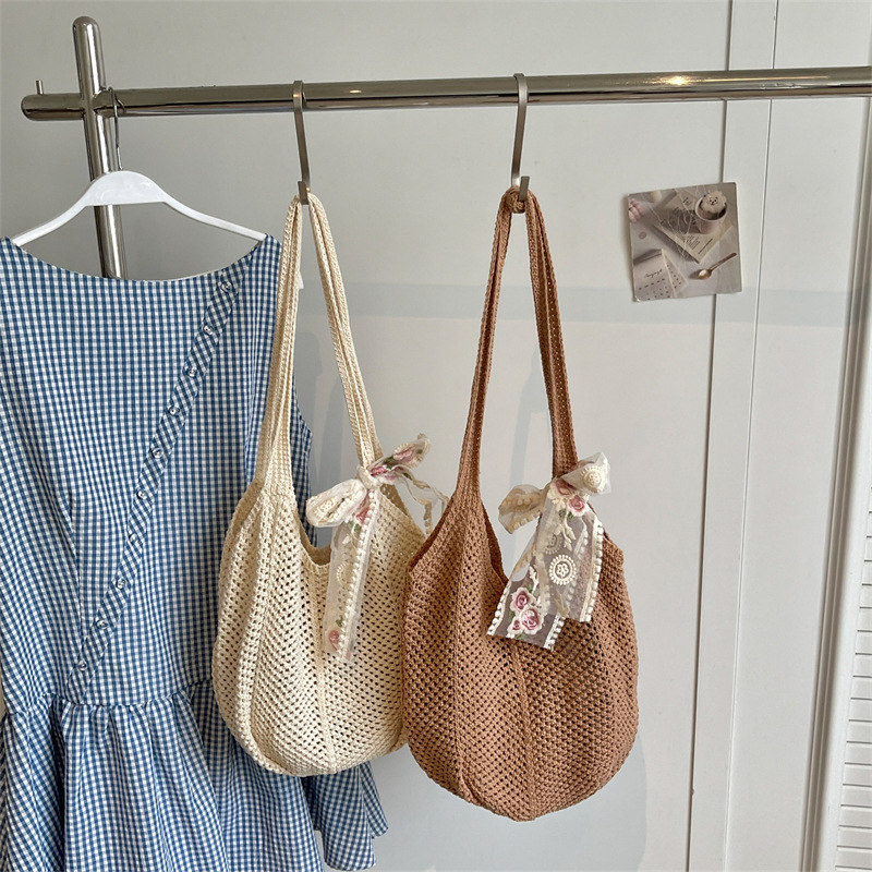 Summer Raffia Tote Bag Women Lace Bow Crochet Woven Shoulder Bag Large Straw Beach Shopping Handbag
