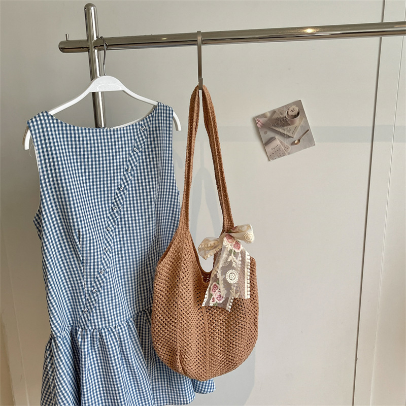 Summer Raffia Tote Bag Women Lace Bow Crochet Woven Shoulder Bag Large Straw Beach Shopping Handbag
