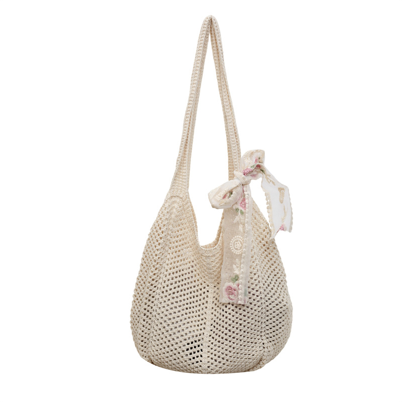 Summer Raffia Tote Bag Women Lace Bow Crochet Woven Shoulder Bag Large Straw Beach Shopping Handbag