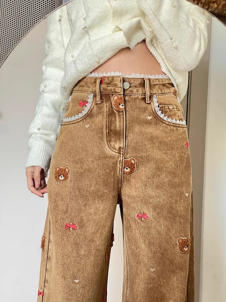 Maillard retro brown jeans teddy bear jeans for women high waist loose fit slimming and wide leg pants