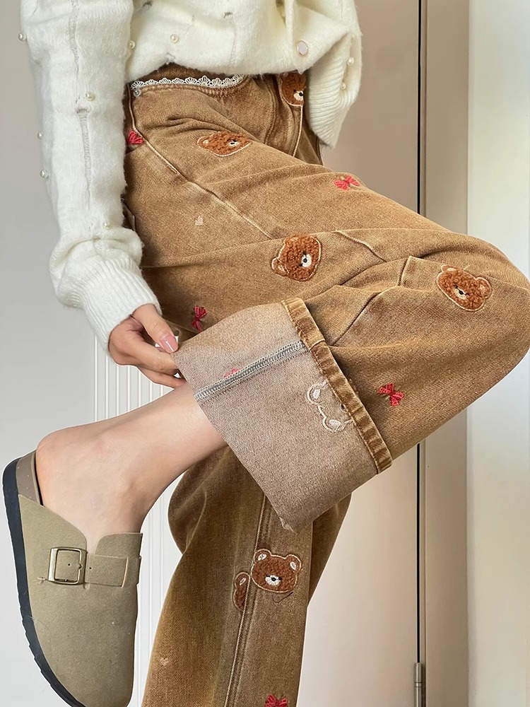 Maillard retro brown jeans teddy bear jeans for women high waist loose fit slimming and wide leg pants