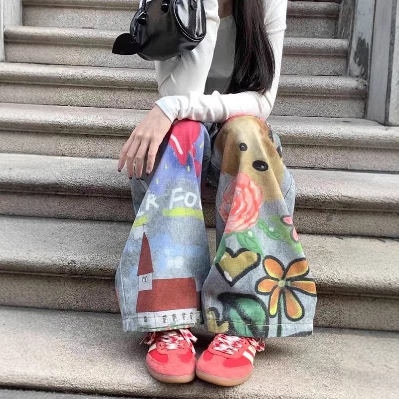 American retro jeans fun cartoon pattern jeans for spicy girls street painted graffiti design wide leg pants