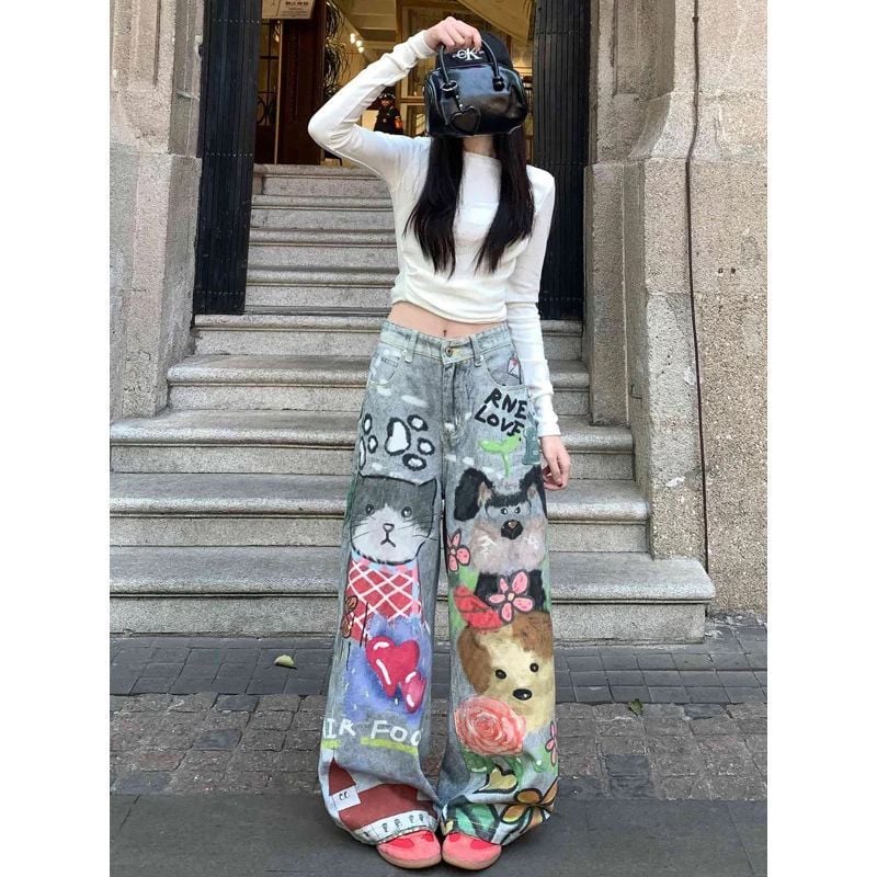 American retro jeans fun cartoon pattern jeans for spicy girls street painted graffiti design wide leg pants