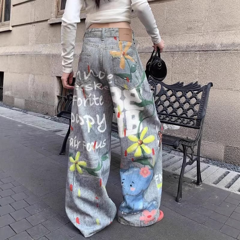 American retro jeans fun cartoon pattern jeans for spicy girls street painted graffiti design wide leg pants
