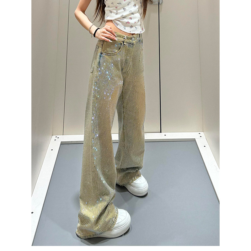 American jeans hot girl design full-diamond denim pants for women starry sky niche straight-cut long trousers