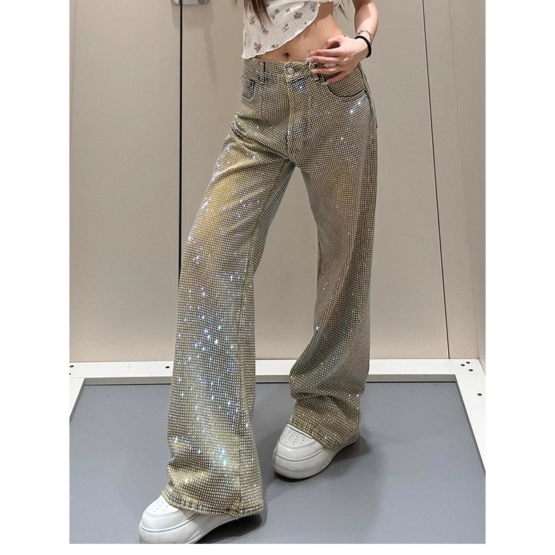 American jeans hot girl design full-diamond denim pants for women starry sky niche straight-cut long trousers