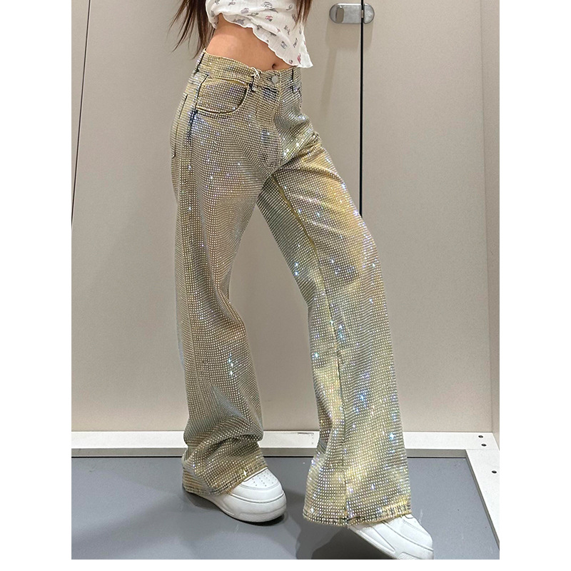 American jeans hot girl design full-diamond denim pants for women starry sky niche straight-cut long trousers