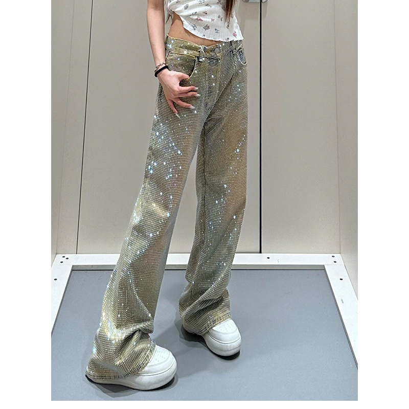 American jeans hot girl design full-diamond denim pants for women starry sky niche straight-cut long trousers